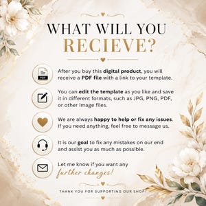 K&ouml;nnte beinhalten: Eine digitale Produktinformationsgrafik mit beigem Marmorhintergrund und wei&szlig;en Blumenakzenten. Der Text lautet: WHAT WILL YOU RECIEVE? After you buy this digital product, you will receive a PDF file with a link to your template.