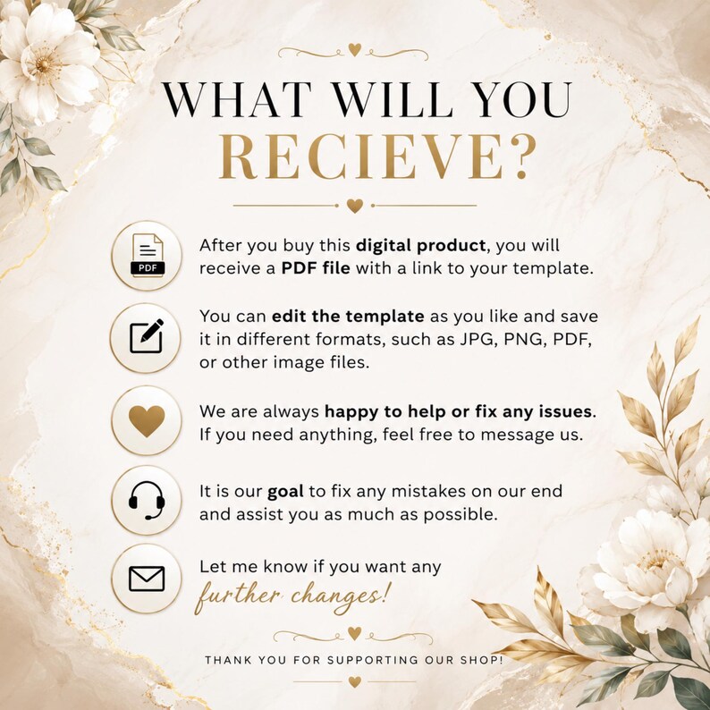 K&ouml;nnte beinhalten: Eine digitale Produktinformationsgrafik mit beigem Marmorhintergrund und wei&szlig;en Blumenakzenten. Der Text lautet: WHAT WILL YOU RECIEVE? After you buy this digital product, you will receive a PDF file with a link to your template.