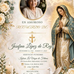 Puede incluir: Una tarjeta de programa funerario con el retrato de una mujer mayor, una ilustración de la Virgen María, lirios blancos, rosas y dos palomas. El texto incluye EN AMOROSO RECUERDO DE Josefina López de Rey y los detalles del servicio.