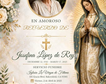 Könnte beinhalten: Eine Trauerkarte mit dem Porträt einer älteren Frau, einer Darstellung der Jungfrau Maria, weißen Lilien, Rosen und zwei Tauben. Der Text enthält EN AMOROSO RECUERDO DE Josefina López de Rey sowie Angaben zum Trauergottesdienst.