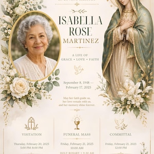 Pode incluir: Um programa funerário com o retrato de uma pessoa idosa, uma ilustração da Virgem Maria e flores brancas. O texto inclui IN LOVING MEMORY, ISABELLA ROSE MARTINEZ, A LIFE OF GRACE LOVE FAITH, e detalhes para a visitação, missa e sepultamento.