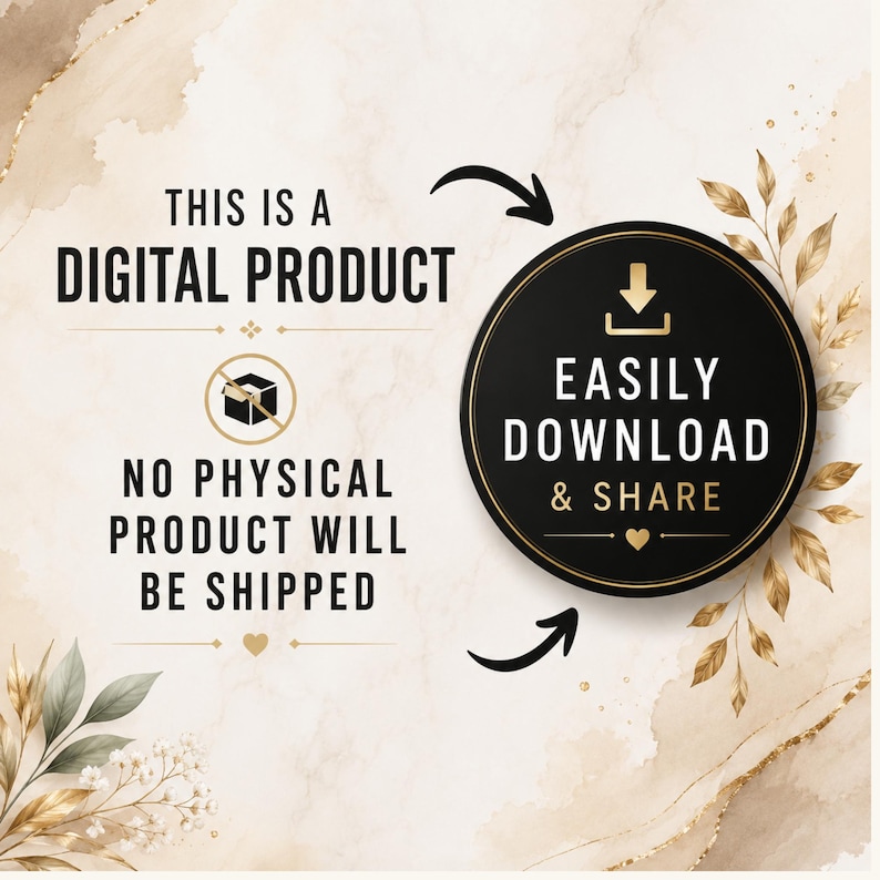 K&ouml;nnte beinhalten: Eine Grafik f&uuml;r ein digitales Produkt mit dem Text THIS IS A DIGITAL PRODUCT und NO PHYSICAL PRODUCT WILL BE SHIPPED sowie einem durchgestrichenen Box-Symbol. Ein schwarzes kreisf&ouml;rmiges Abzeichen zeigt den Text EASILY DOWNLOAD & SHARE.