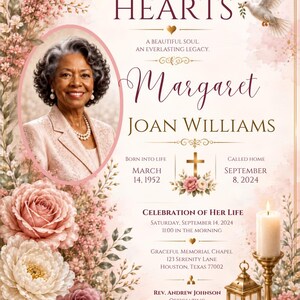 Peut inclure: Un modèle de programme funéraire avec le portrait d'une femme, des illustrations florales roses, une colombe blanche et une bougie. Le texte indique : FOREVER IN OUR HEARTS, Margaret JOAN WILLIAMS, BORN INTO LIFE MARCH 14, 1952, CALLED HOME SEPTEMBER 8, 2024.