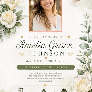 May include: A memorial service announcement card featuring a portrait of Amelia Grace Johnson, white lilies, roses, and a flying dove. Text includes dates, location details for Unity Chapel in Greenville, TX, and the phrase Forever in our hearts.
