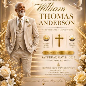 Puede incluir: Un programa funerario conmemorativo con el retrato de un hombre mayor en traje beige, palomas blancas y rosas doradas. El texto incluye IN LOVING MEMORY OF WILLIAM THOMAS ANDERSON, A LIFE WELL LIVED, A LEGACY OF LOVE y detalles del servicio.