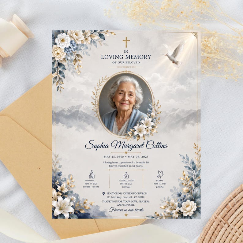 K&ouml;nnte beinhalten: Eine Trauerprogrammkarte mit dem Portr&auml;t einer &auml;lteren Person in einem goldenen ovalen Rahmen, umgeben von blau-wei&szlig;en Blumenillustrationen, einer Taube und Bergmotiven. Der Text enth&auml;lt In Loving Memory, Sophia Margaret Collins und Daten.