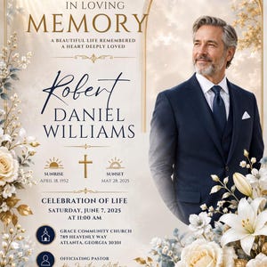 Op de afbeelding: Een uitvaartprogramma-sjabloon met een portret van een man in een marineblauw pak. De tekst luidt: IN LOVING MEMORY, Robert Daniel Williams, Sunrise April 18, 1952, Sunset May 28, 2025, Celebration of Life June 7, 2025, Grace Community Church, Atlanta.