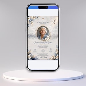 K&ouml;nnte beinhalten: Ein Smartphone zeigt ein digitales Trauerprogramm mit dem Titel In Loving Memory of Our Beloved Sophia Margaret Collins. Das Design umfasst ein zentrales Portr&auml;t, eine Taube, blaue und wei&szlig;e Blumenmotive sowie Details zur Trauerfeier.