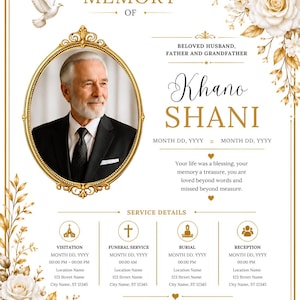 Op de afbeelding: Een uitvaartprogramma-sjabloon met een gouden ovaal kader met een portret van een oudere man in een pak. Het ontwerp bevat witte rozen, een vliegende duif en gouden tekst met In Loving Memory of Khano Shani en tijdelijke aanduidingen voor details.