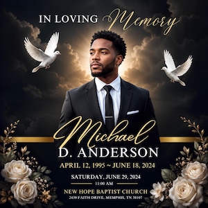 Könnte beinhalten: Ein Trauerprogramm mit dem Porträt eines Mannes im schwarzen Anzug und Krawatte, flankiert von zwei weißen Tauben vor einem dunklen, bewölkten Himmel. Der Text lautet: IN LOVING MEMORY, Michael D. ANDERSON, APRIL 12, 1995 ~ JUNE 18, 2024, und Details.