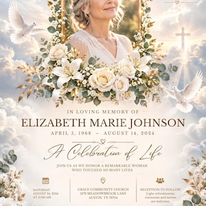 Pode incluir: Um programa funerário com o retrato de uma mulher numa moldura oval dourada, rodeado por rosas e lírios brancos. O texto diz A Beautiful Life Remembered, Forever In Our Hearts, In Loving Memory Of Elizabeth Marie Johnson e A Celebration of Life.