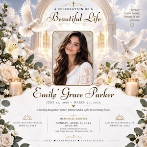 Könnte beinhalten: Eine Gedenkkarte mit dem Porträt einer Frau, weißen Lilien, Rosen und zwei fliegenden Tauben. Der Text enthält A Celebration of a Beautiful Life, Emily Grace Parker, 12. Juni 1998 – 30. März 2025, sowie Angaben zum Gedenkgottesdienst.