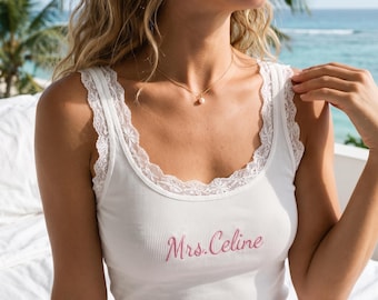 Personalized Embroidered Soft Cotton Lace Cami Lingerie Set, Underwear for Romantic Bride Honeymoon Beach Vacation