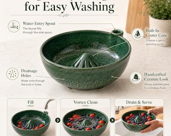 Berry Washing Bowl, Vortex Fruit Rinse Strainer, Green Speckled Glaze