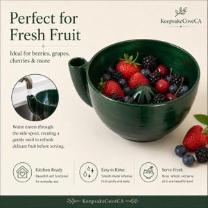 Berry Washing Bowl, Vortex Fruit Rinse Strainer, Green Speckled Glaze
