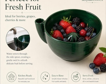 Berry Washing Bowl, Vortex Fruit Rinse Strainer, Green Speckled Glaze
