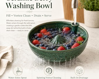 Ceramic Berry Washing Bowl, Vortex Fruit Rinse Strainer, Green Speckled Glaze
