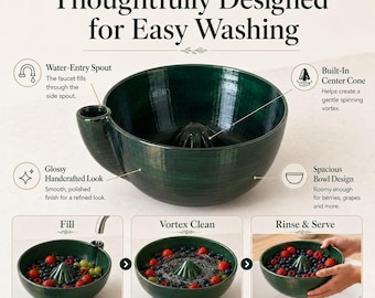 Berry Washing Bowl, Vortex Fruit Rinse Strainer, Green Speckled Glaze