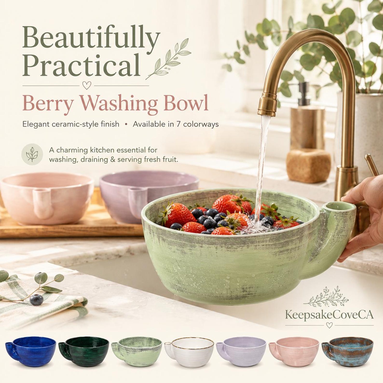 Vortex Berry Bowl | Ceramic-Style, Colander, Self-Spinning Fruit Washer - 🌿 Matcha
