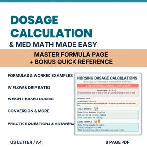 Nursing Dosage Calculation Study Guide, Med Math Formulas, IV Drip Rates, Medication Conversions, NCLEX Review, Printable PDF
