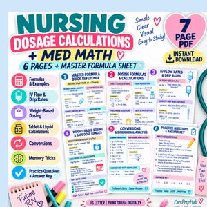 May include: A seven-page PDF nursing dosage calculations and med math study guide featuring a master formula sheet, dosing formulas, IV flow rates, weight-based dosing, tablet and liquid calculations, conversions, memory tricks, and practice questions.