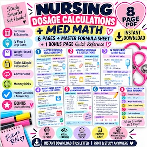 Nursing Dosage Calculation Study Guide, Nursing Med Math Cheat Sheet, Dosage Calculation Practice, Student NCLEX Review, Printable PDF