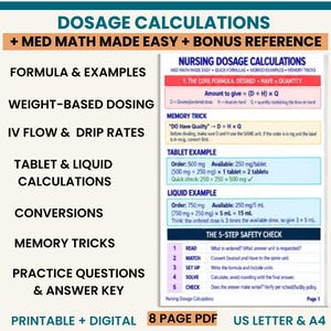 Nursing Dosage Calculation Study Guide, Med Math Formulas, IV Drip Rates, Medication Conversions, NCLEX Review, Printable PDF
