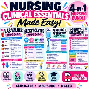 May include: A 4-in-1 nursing bundle digital download featuring four educational charts titled Nursing Clinical Essentials Made Easy. The charts cover lab values, electrolytes, IV fluids, and priority delegation with colourful icons, text, and diagrams.