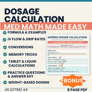 Nursing Dosage Calculation Study Guide, Med Math Formulas, IV Drip Rates, Medication Conversions, NCLEX Review, Printable PDF
