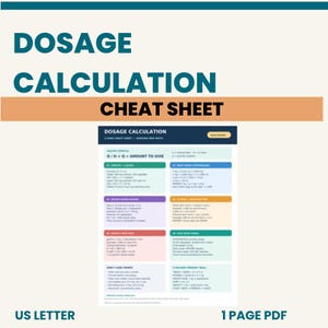 May include: A Dosage Calculation Cheat Sheet document featuring a master formula, tablet and liquid calculations, weight-based dosing, IV pump infusion time, gravity drip rates, and safe dose ranges printed on a US Letter size page.