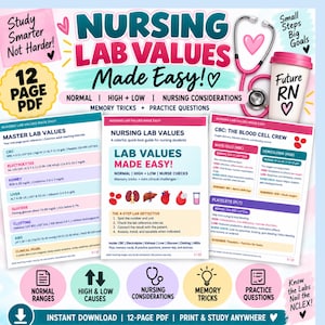 Nursing Lab Values Cheat Sheet, Nursing Study Guide, Normal Ranges Cheat Sheet, Nursing Student Printable, NCLEX Prep, Clinical Reference