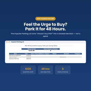 A digital dashboard titled "Impulse Parking Lot" with the text "Feel the Urge to Buy? Park It for 48 Hours." and a table listing items, costs, and statuses.