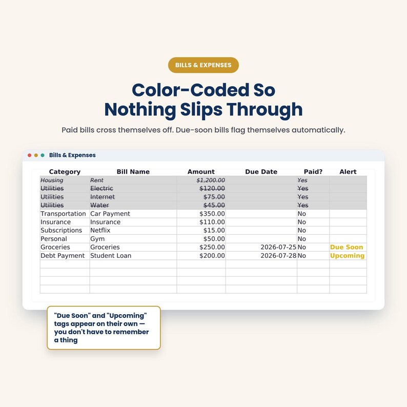 A digital spreadsheet titled "Bills & Expenses" with columns for category, bill name, amount, due date, and a "Paid?" column, showing color-coded entries.