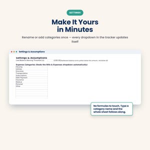 A digital settings page titled "Settings & Assumptions" with input fields for "Low-Balance Warning Threshold" and "Expense Categories."