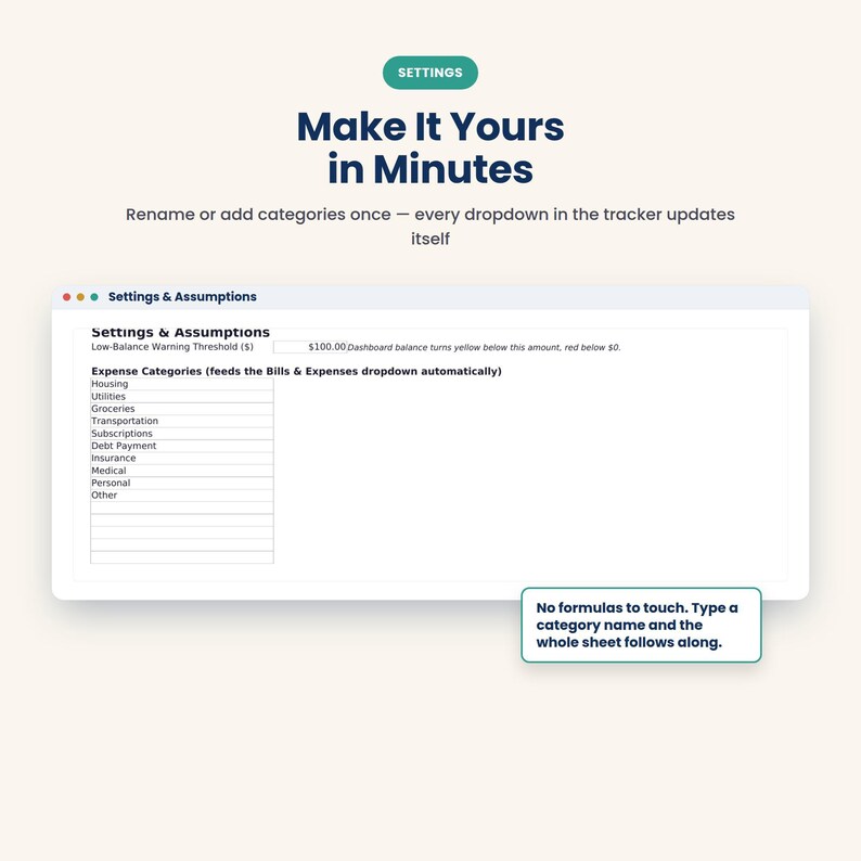 A digital settings page titled "Settings & Assumptions" with input fields for "Low-Balance Warning Threshold" and "Expense Categories."