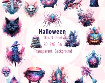 Spooky Halloween Clipart 30 PNG Images, Commercial use ok, Witch, Black Cat, Potions, Spiders, and more!