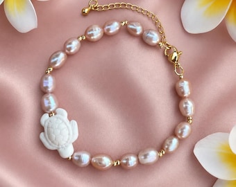 Freshwater Pearl Turtle Bracelet | Bali Inspired Beach Jewelry, Gold Accents