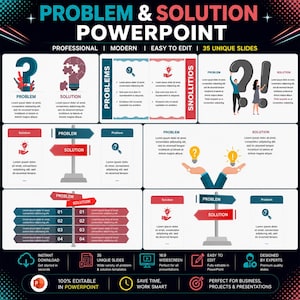 May include: A digital presentation template titled PROBLEM & SOLUTION POWERPOINT featuring 35 unique slides. The layout includes various infographics, icons, and text placeholders showing problem and solution concepts with red, blue, and grey color schemes.