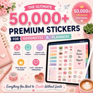 Könnte beinhalten: Eine digitale Produktwerbung für 50.000+ Premium-Sticker für Goodnotes und Planer. Das Bild zeigt ein Tablet mit verschiedenen Blumen- und Icon-Stickern sowie ein rosa Notizbuch, einen Stift, Washi-Tape und eine Tasse Kaffee.