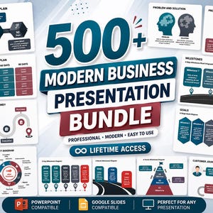 May include: A promotional graphic for a business presentation bundle. The design features the text "500+ Modern Business Presentation Bundle" in white and blue, with various charts and diagrams. Includes PowerPoint and Google Slides compatibility.
