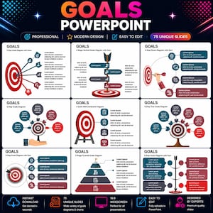 May include: A digital presentation template titled GOALS POWERPOINT featuring 75 unique slides. The layout displays nine distinct infographic diagrams including targets, darts, pyramids, and directional signs with placeholder text and icons.