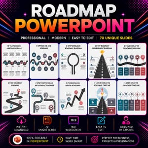 May include: A digital presentation template titled ROADMAP POWERPOINT featuring ten distinct infographic slides with various road, arrow, and circular diagrams. The layout includes text labels, icons, and a dark background with neon pink and orange accents.