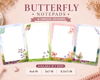 Paquete imprimible de bloc de notas de mariposas / 3 tamaños, papelería con mariposas en acuarela pastel, lista de tareas, descarga instantánea, bloc de notas personalizado DIY