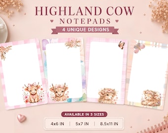 Paquete de blocs de notas imprimibles con vacas de las Tierras Altas en tonos pastel. Papelería para bebé niña con diseño de vaca adorable / Bloc de notas para lista de tareas / Notas personalizadas DIY. Descarga instantánea.