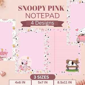 Könnte beinhalten: Ein Set aus vier rosa Snoopy-Notizblöcken mit verschiedenen Illustrationen der Figur Snoopy und Woodstock. Die Designs zeigen Snoopy in einem rosa Auto, auf einer Bank sitzend und umgeben von Blumenmustern. Erhältlich in 10,16x15,24, 12,7x17,78 und 21,59x27,94 cm.