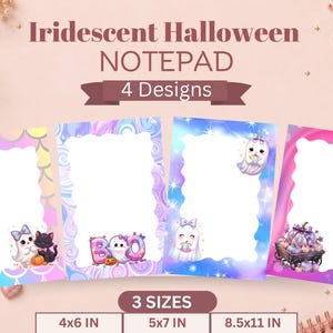 May include: Four rectangular notepads with iridescent Halloween themes, featuring scalloped white centers. Designs include ghosts, a black cat, pumpkins, and the text BOO. Available in 4x6 in, 5x7 in, and 8.5x11 in sizes as labeled on the image.