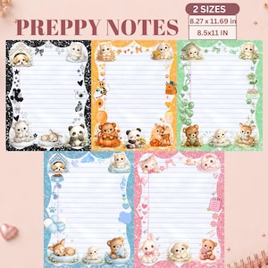 Può includere: Cinque fogli di carta da lettere a righe intitolati PREPPY NOTES, disponibili nei formati 21,01 x 29,69 cm e 21,59 x 27,94 cm. Ogni foglio presenta un bordo colorato unico—nero, arancione, verde, blu o rosa—decorato con illustrazioni di animali.