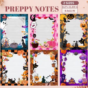 May include: Six rectangular lined note sheets featuring Halloween themes. Designs include ghosts, black cats, pumpkins, witches, and candy. Text at the top reads PREPPY NOTES. A box indicates two sizes: 8.27 x 11.69 in and 8.5x11 IN.