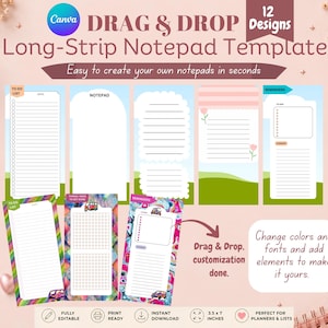 May include: A digital collection of 12 long-strip notepad templates featuring various designs including lined lists, grids, and floral accents. The templates include text such as To Do List, Notepad, and Reminders, with a visible size of 3.5 x 7 inches.