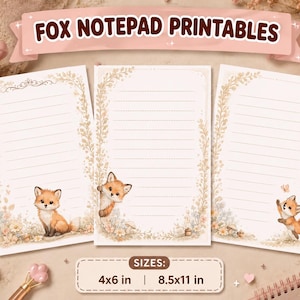 Red Fox Notepad Printable Bundle Whimsical Fox Printable Stationery Cute Fox Printable Notepads Watercolor Botanicals Illustrations Notepads
